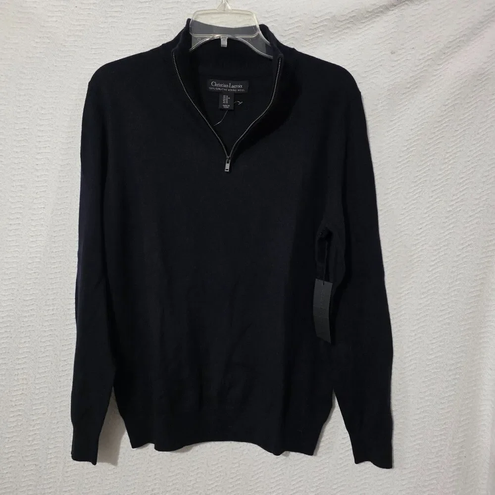 NWT Christian Lacroix 100% Extra Fine Merino Wool 1/4 Zip Navy Blue Sweater M